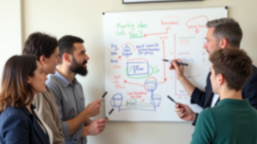 Grupo de profissionais em volta de whiteboard com diagramas coloridos e ideias mapeadas