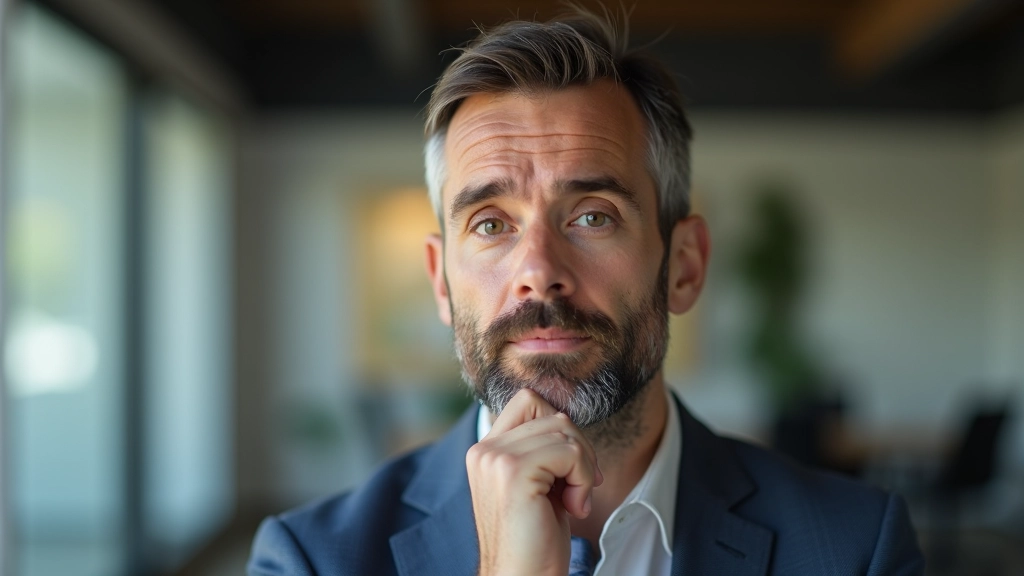 Profissional em retrato confiante com expressão criativa e pensativa, fundo desfocado de escritório moderno