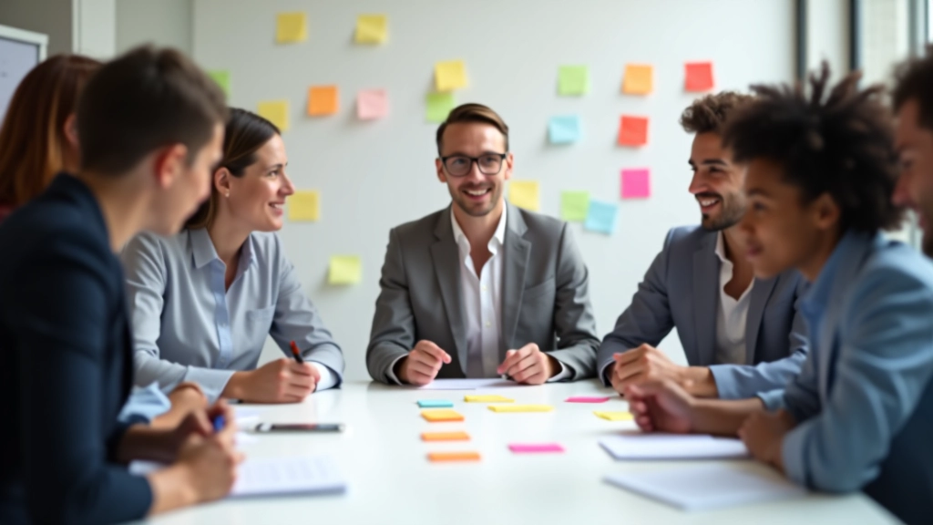 Equipa diversa em brainstorming session ao redor de mesa branca com post-its coloridos e notas