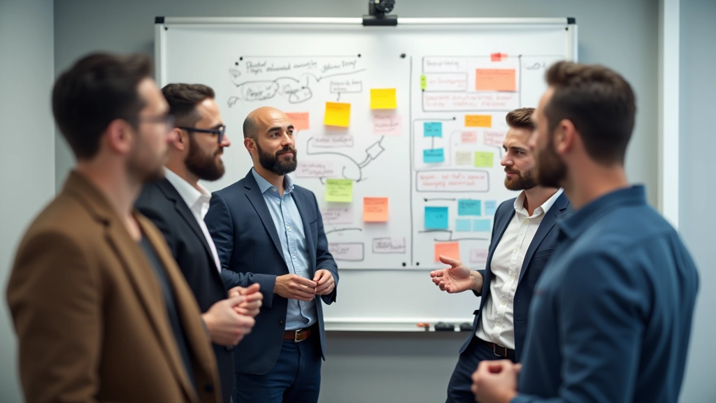 Grupo de profissionais em volta de whiteboard com ideias e diagramas coloridos