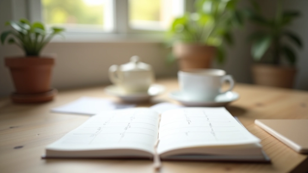Secretária bem organizada com calendário mensal, diário criativo aberto e xícara de chá numa manhã tranquila
