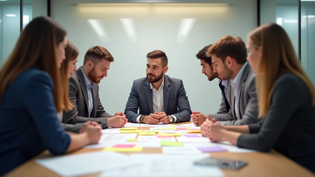 Grupo de pessoas a trabalhar em torno de uma mesa grande com post-its e diagramas criados em papel