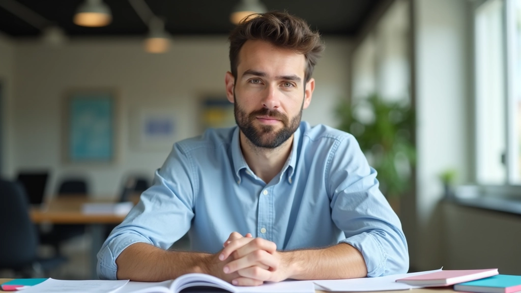 Pessoa sentada numa secretária com expressão focada, rodeada de blocos de notas coloridos e canetas