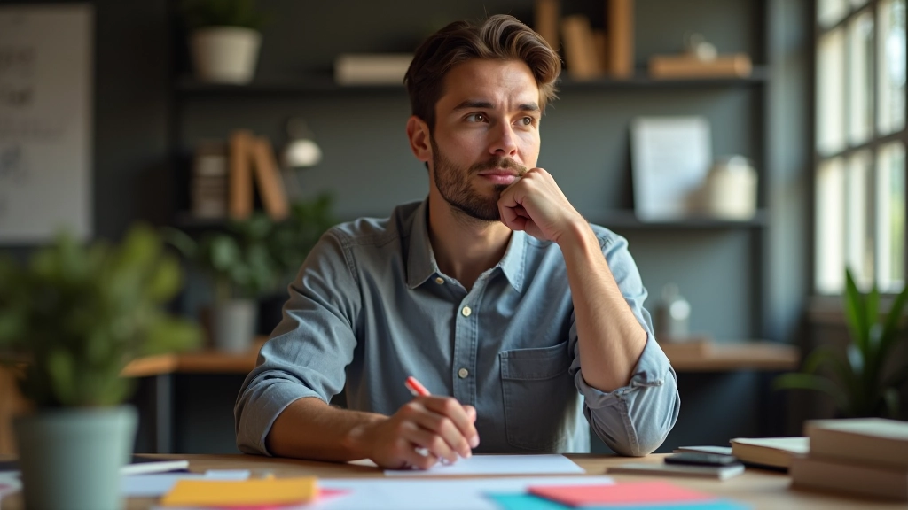 Pessoa em escritório criativo com notas coloridas em parede, expressão de concentração criativa