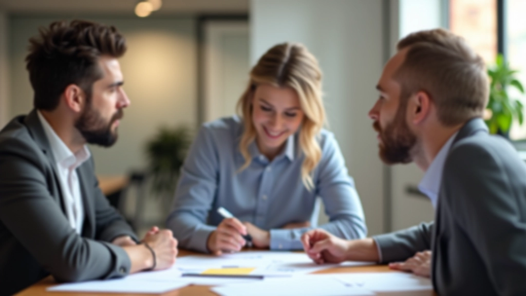 Equipa de profissionais em discussão criativa ao redor de mesa com ideias espalhadas e notas visuais