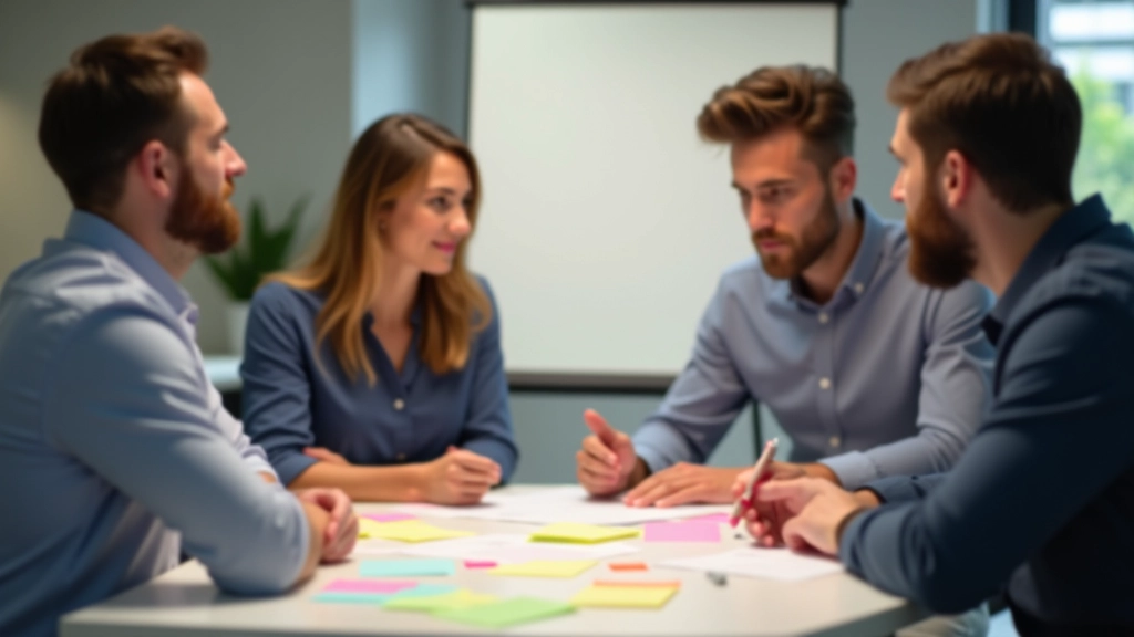 Equipa reunida em volta de mesa com post-its coloridos e anotações de ideias