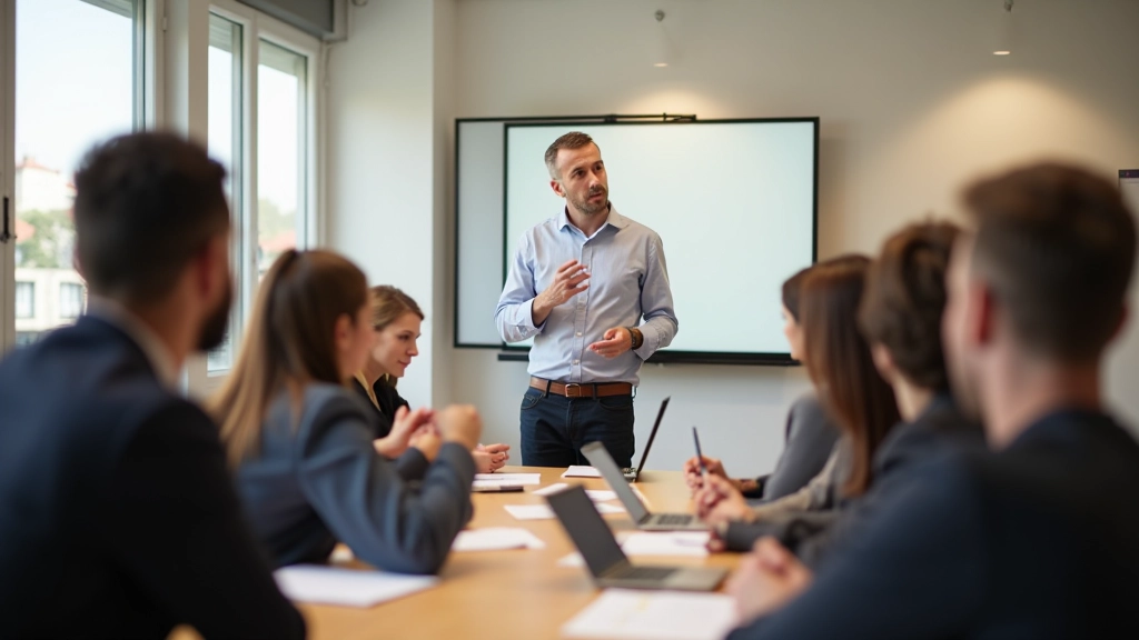Sessão de treinamento com facilitador e equipa em ambiente de workshop criativo