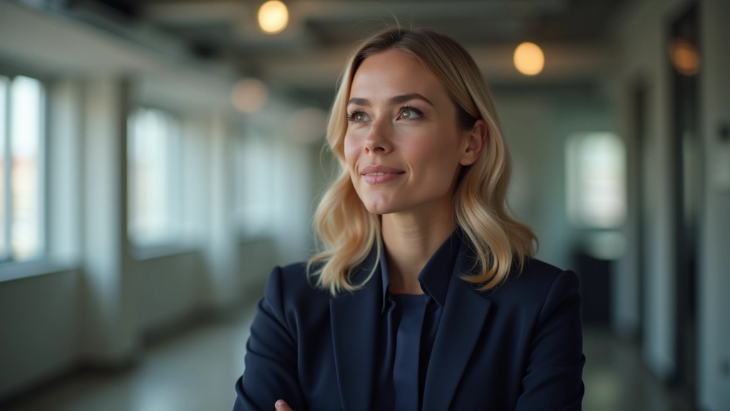 Mulher profissional em retrato com expressão pensativa, fundo desfocado de escritório moderno
