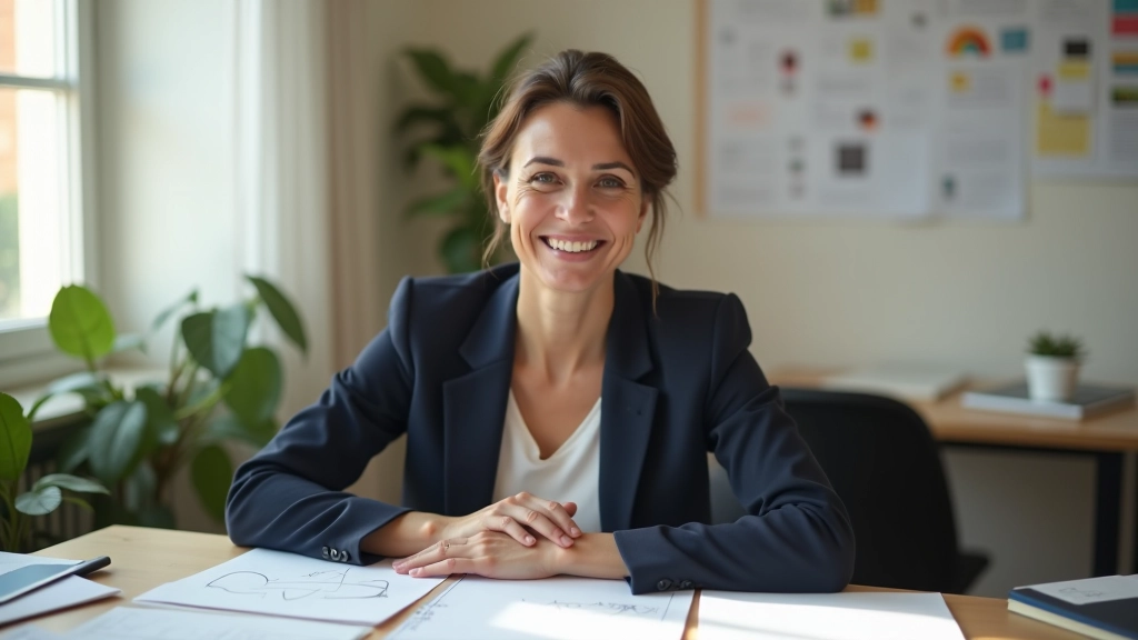 Profissional confiante e satisfeito após implementar rotina criativa bem-sucedida, rodeado de notas e ideias