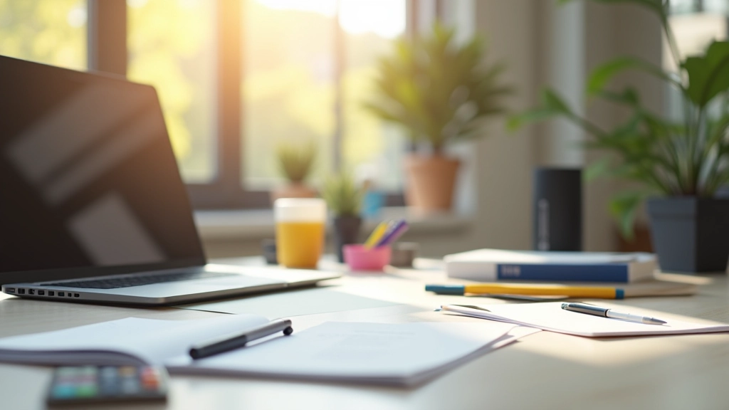 Secretária com computador portátil, caderno e canetas criativas em ambiente luminoso