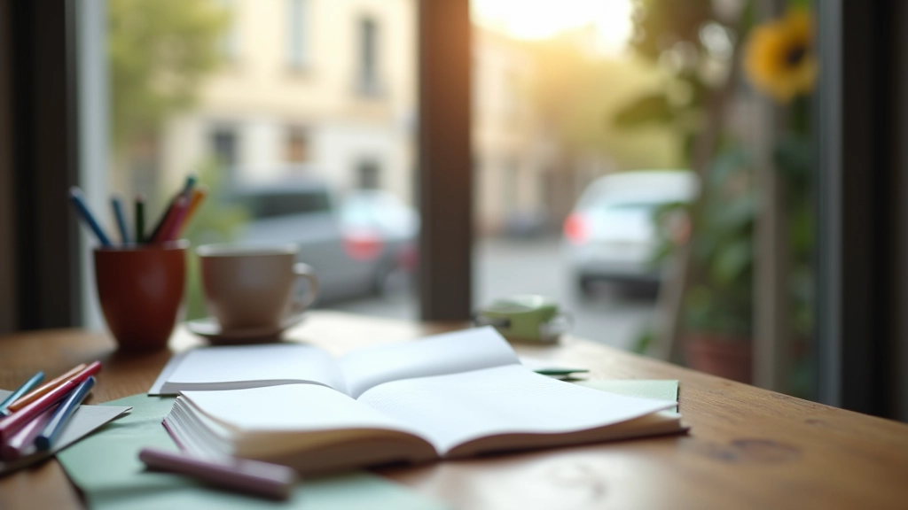 Mesa de trabalho criativa com caderno aberto, canetas coloridas e xícara de café junto a uma janela com vista para a rua